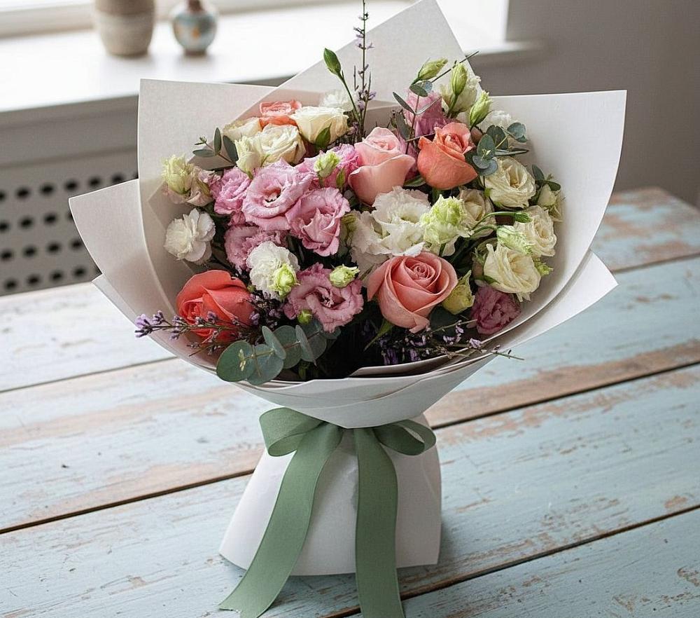 Букет цветов из: Розы, Лизиантусы и Гвоздики в Тавде